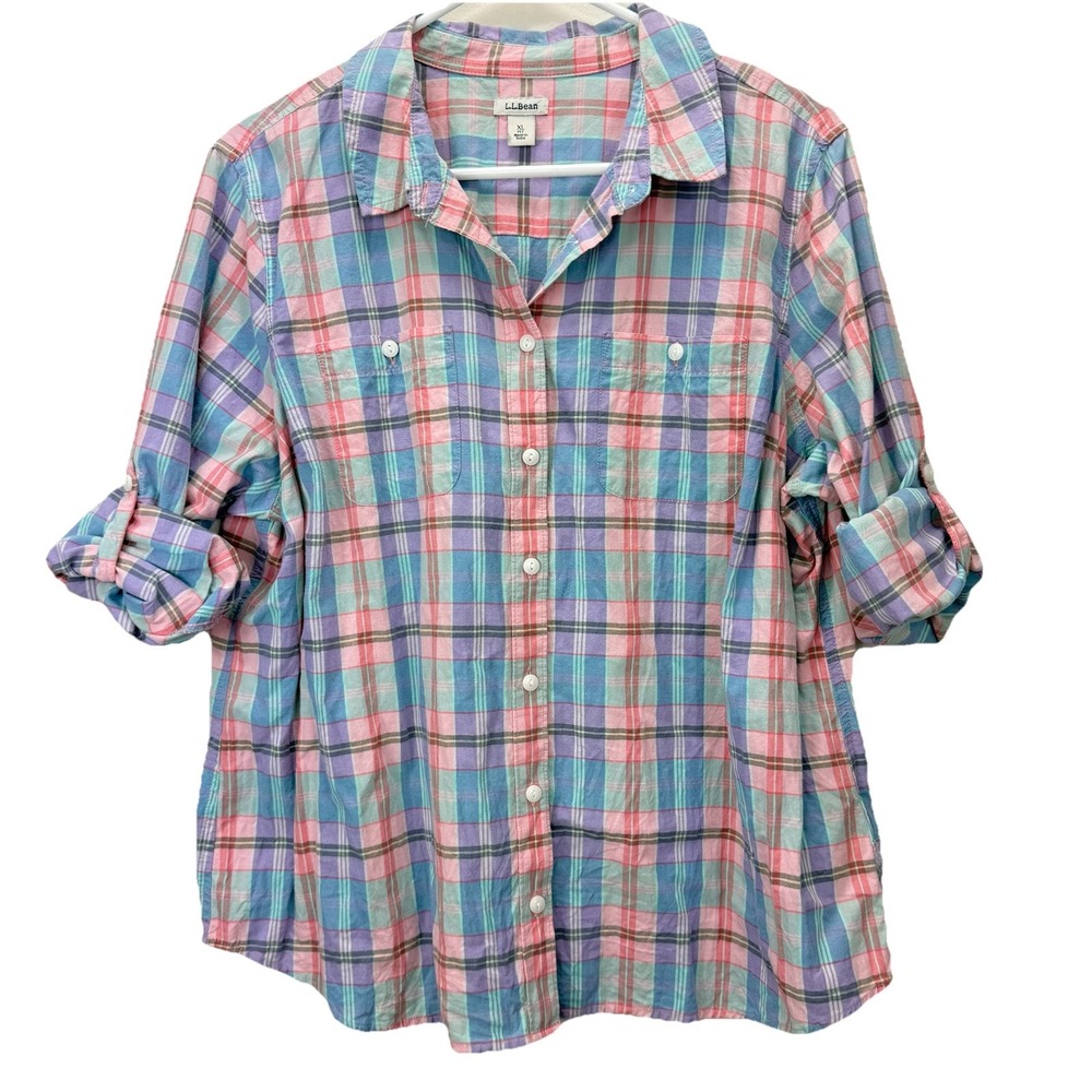 LL Bean Womens Colorful Plaid Madras Button Up Shirt Size LARGE - Picture 3 of 11